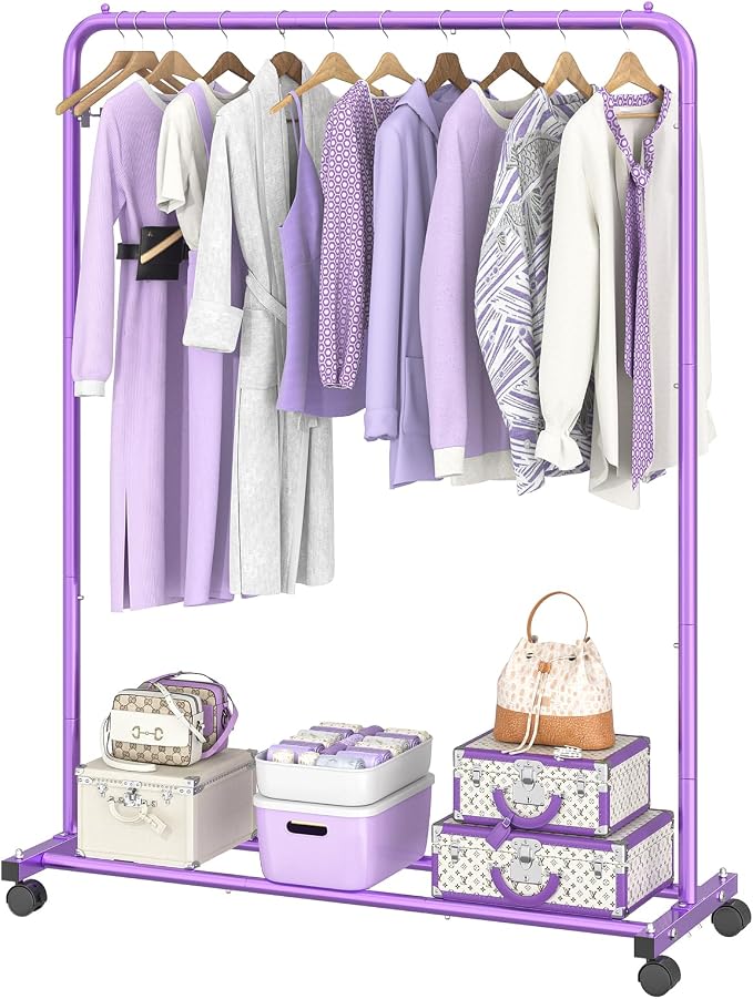 Simple Trending Standard Clothes Clothing Garment Rack with Storage Shelves, Rolling Clothes Organizer on Wheels for Hanging Clothes, Purple