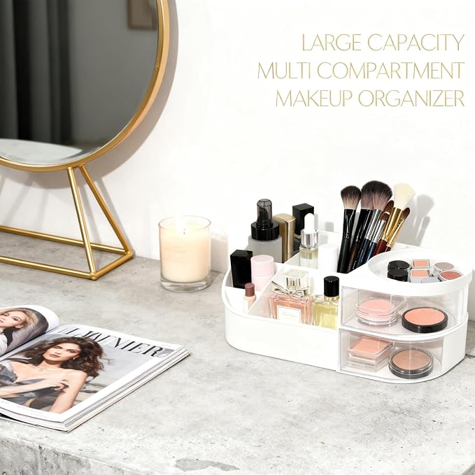 Makeup Organizer Countertop, Makeup Organizer With 2 Drawers | Makeup Organizer-Large Capacity Cosmetic Storage Cases With Smooth Edges and DIY Stickers, Dresser Table And Countertop