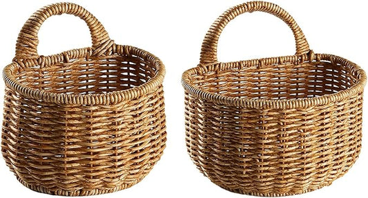 2 Wall Hanging Baskets Storage Basket Organizer For Flowers,Plants,Woven Baskets For Kitchen Bedroom Living Room Home Décor,Portable Wall Hanging Flower Basket Organizer Fruit Vegetable Rattan Box