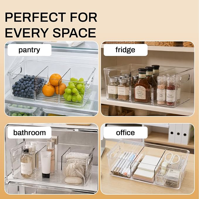 Mpotmiy 10 Pack Pantry Organizers and Storage,Clear Plastic Containers with 2 Dividers for Kitchen,Fridge Organization and Storage,Acrylic Bins for Pounches,Spice Packet,Snack organzier