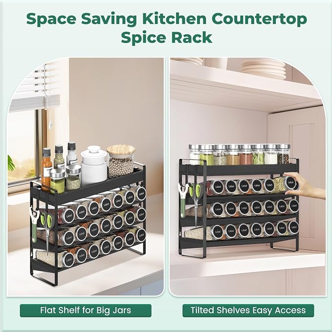 EsLuker.ly Spice Seasoning Rack Organizer Kitchen Countertop, 4 Tier Bamboo | Shelf Holder Storage with 4 Hooks, Wall Mounted Freestanding Stand for Pantry, Quick Spice Access(Jars Not Included), Black