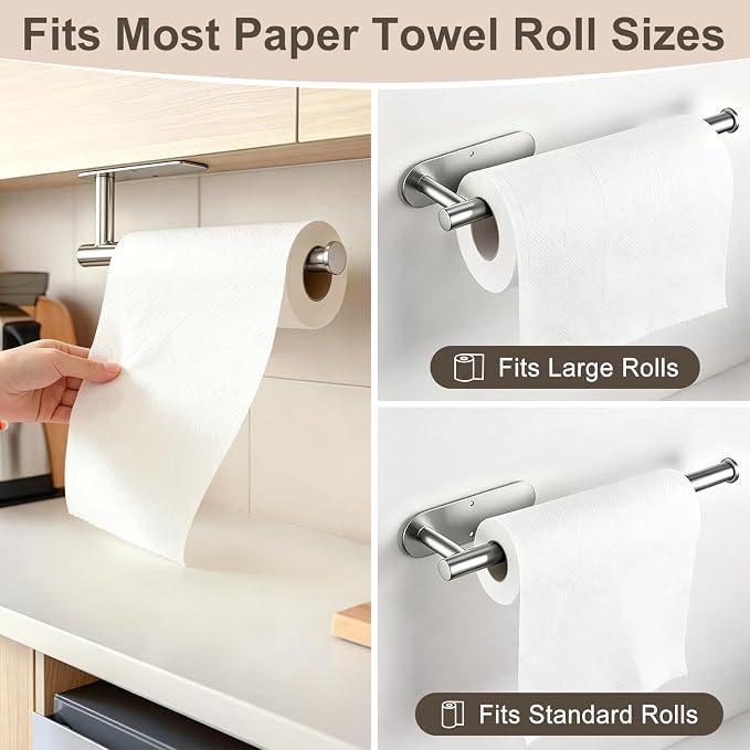 Paper Towel Holder, 2-Pack US304 Stainless Steel Wall Mount Rack, Self-Adhesive No Drilling, Rustproof Space Saving Under Cabinet Mount, Organizer for Kitchen, Bathroom, RV, Pantry (Silver)