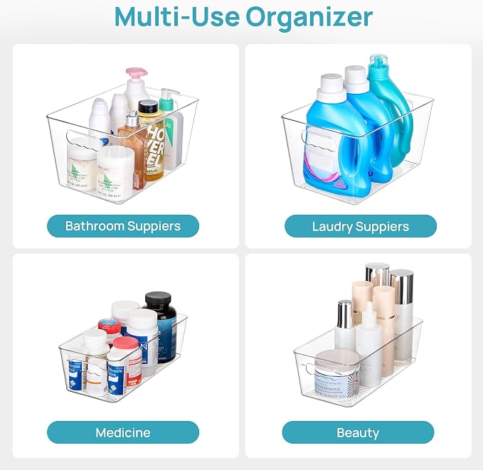 Vtopmart 8 Pack Clear Storage Bins with Lid Set for Pantry Organizer | 4 Large and 4 Small Plastic Pantry Storage Bins with Handle, Storage Containers for Pantry, Kitchen, Fridge, Cabinet