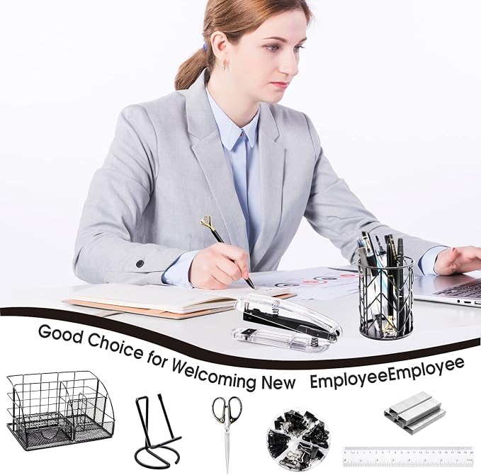 KAAKOW Black Desk Organizers and Accessories Office Supplies Set Stapler, Pen Holder, Phone Holder, Scissors, Pen, Ruler, 30 Paper Clips, 22 Binder Clip, 20 Tacks and 1000pcs Staples