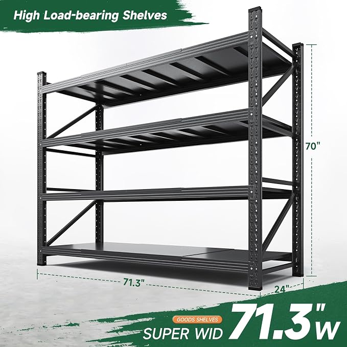 Letaya 71.3" W Metal Storage Shelves,5000LBS Heavy Duty Garage Shelving Units, 4 Tier Adjustable Utility Rack Shelf,Large Industrial Shelves,for Shop,Warehouse,Black (71.3" W x 24" D x 70" H)
