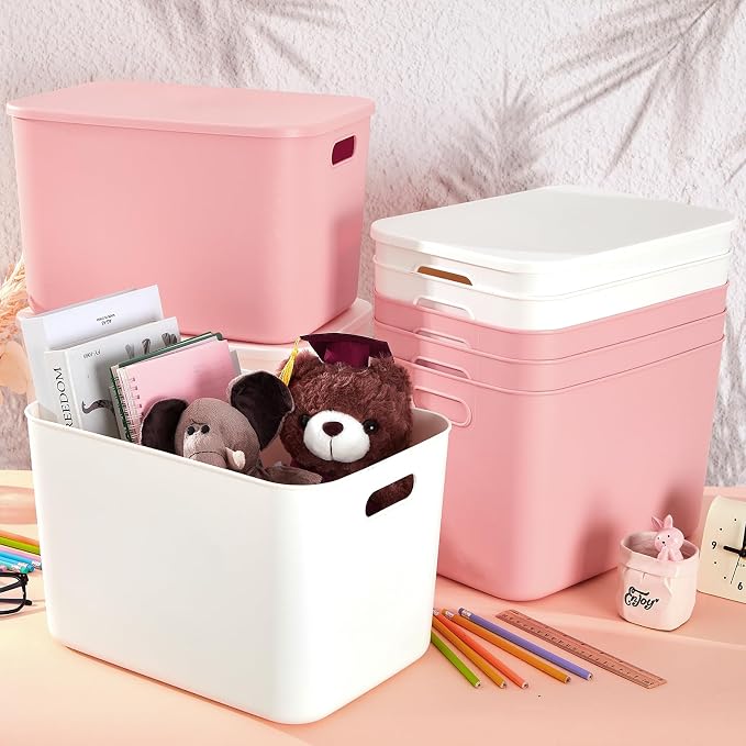8 Pieces Colorful Storage Bins with Lid, Plastic Storage Basket Organizing Container Stackable Box with Handle for Shelves Desktop Playroom Office(9.8 x 7.1 x 6.3 Inch,White and Pink)