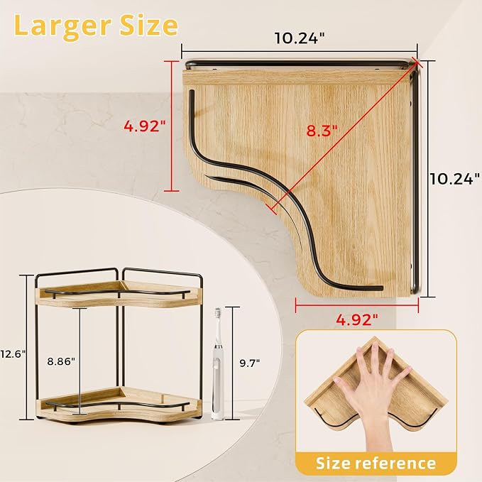 2-Tier Corner Bathroom Counter Organizer, Larger Size | Embedded Screw Holes, Sturdy & Stable, Oversized, Holds More, Vanity Shelf for Makeup & Skincare, ‎‎Light Walnut