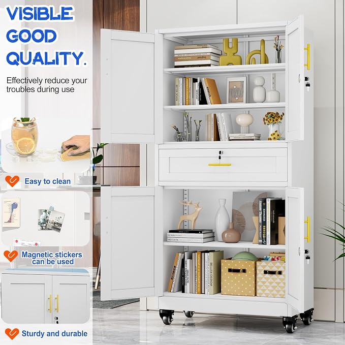 GAIOUS Metal Garage Storage Cabinet with Wheels and Drawer, Steel File Cabinet for Home Office, 74'' Tall Tool Cabinet with 4 Locking Doors and 3 Adjustable Shelves, Rolling Cabinet for Garage - White