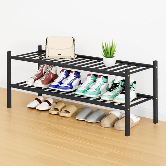 Smiry Bamboo Shoe Rack, 12 Vertical Slats, 2 Tier - 33.7" Wide, Black | Stackable Free Standing Wooden Shoe Organizer, Wood Shoe Storage Shelf for Closet, Entryway