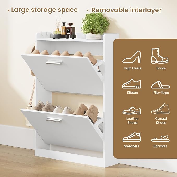 Slim Shoe Cabinet for Entryway with 2 Flip Drawers, 23.6" W White | Freestanding shoe storage cabinet for entryway,foyer and hallway,Narrow design and space-saving flip drawers