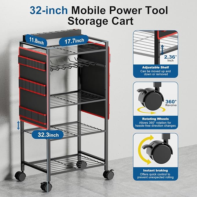Power Tool Organizer Cart, Rolling Tool Storage Cart, Gift for Man, Red | CFMASTER 300 lbs Heavy Duty Utility Rack, 8AC charging station, Drill Holder & Power Tool organizer Cart on Wheels for Garage