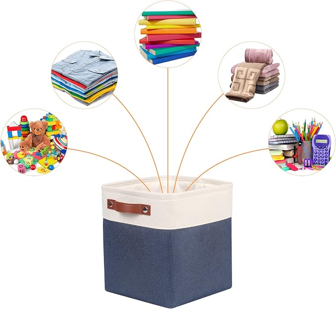Univivi Fabric Cube Bins Set of 4 Storage Baskets with PU Handles for Home Closet Foldable Storage Bins (Blue, 10.5" x 10.5" x 11") | Hard Cardboard Bottom,Metal Frame,Foldable,PU Handles,Linen Closet Baskets for Shelves
