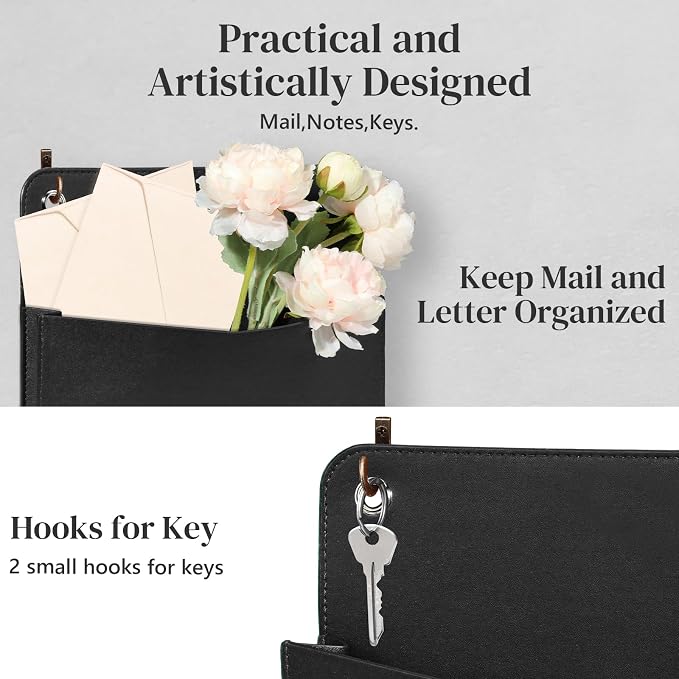 3 PCS Wall Mount PU Leather Mail Holder Black Faux Leather Letter Holder 2 Ring Wall Mail Organizer Stylish Wall Hanging Mail Storage for Flowers Envelope Key Notebooks Home Office Decor