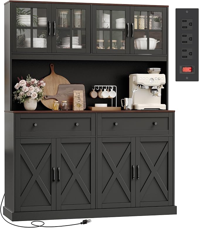 71''H x 55.1''W Pantry Cabinet with Charging Station, 4 Wide Cabinets Kitchen Pantry with 2 Drawers, Farmhouse Hutch Storage Cabinet, Tall Coffee Bar, Acrylic Door, Adjustable Shelves, Black
