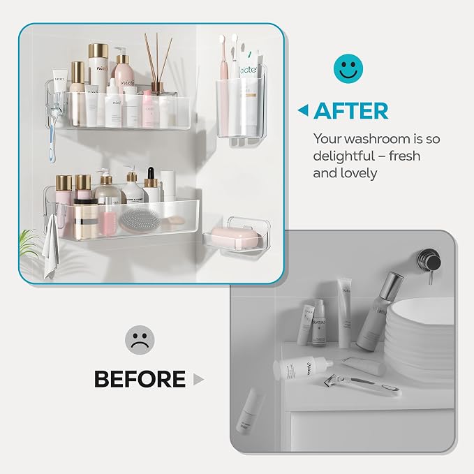 Nieifi Adhesive Shower Shelves, Clear, 4 Pieces | Rustproof ABS, Large Capacity, Removable Design, Easy-Clean, No Drilling Shower Organizer for Bathroom Storage & Home Decor