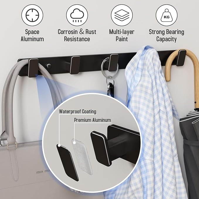 Black Wall Mount Coat Rack, 5 Wall Hooks For Hanging Key Holder Hat Hooks | Heavy Duty Door Hooks Coat Hooks Rack Wall Mounted for Entrance Robes, Bags, Keys, and Towels Bathroom Towel Hanger, 2 Pcs