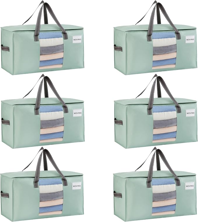 VENO Moving Bags, Wide Open Top, Clear Window, Light Green, 6 Pack | Moving boxes Alternative, Heavy Duty, Storage Bags, Clothes and Comforter Storage, Packing Supplies, College Dorm Essentials