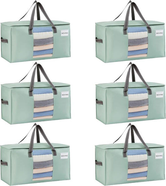 VENO Moving Bags, Wide Open Top, Clear Window, Light Green, 6 Pack | Moving boxes Alternative, Heavy Duty, Storage Bags, Clothes and Comforter Storage, Packing Supplies, College Dorm Essentials