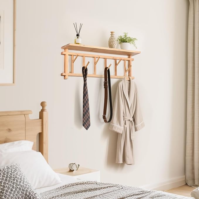 Key Holder for Wall with Shelf and 6 Rotating Key Hooks Bamboo | Key Hanger Wall-mounted with shelf decorative Coat Rack organizer for Rustic Entrances Hallway Living room Bedroom Kitchen
