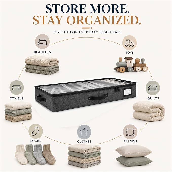 2pc Under Bed Storage Containers, Bedroom Under the Bed Drawer Storage Organizer with Bins and Lids, Medium Underbed Clothes Storage Box Ideal for Blanket, Fabric, & Shoes (Dark Gray)
