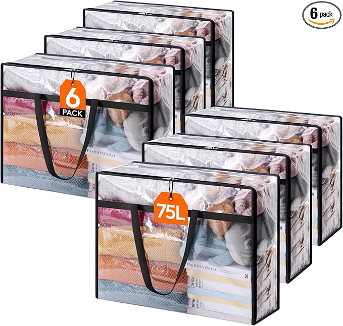 Lifewit 6 Pack Clear Clothes Storage Bags, 75L Plastic Blanket Storage Bag, Vinyl Foldable Moving Bags with Zipper, Closet Organizers and Storage Containers for Bedding, Duvet, Comforter