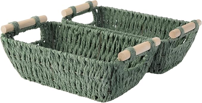 StorageWorks Round Paper Rope Woven Basket with Wooden Handles for Gifts, Small Woven Baskets for Shelf, Bosana Green, 2-Pack