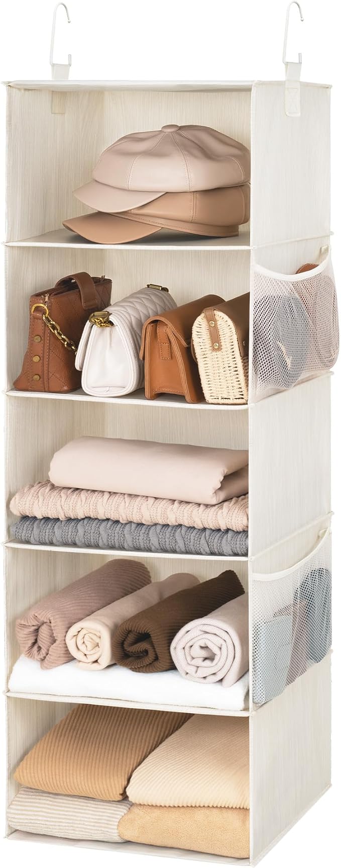 StorageWorks Hanging Closet Organizer, 5-Shelf Hanging Shelves with 2 Hooks, Foldable Space-Saving Design, Closet Organizers and Storage for Bedroom, Dorm, Locker, White & Ivory