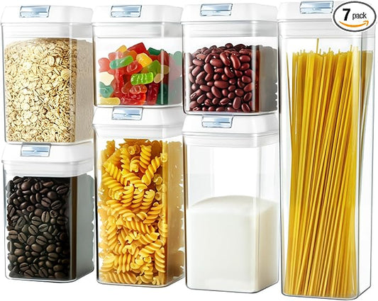 Clear Airtight Food Storage Containers, 7-Piece Set | BPA-free plastic kitchen pantry organization canisters. Stackable design ideal for cereal, spaghetti, and pasta storage.