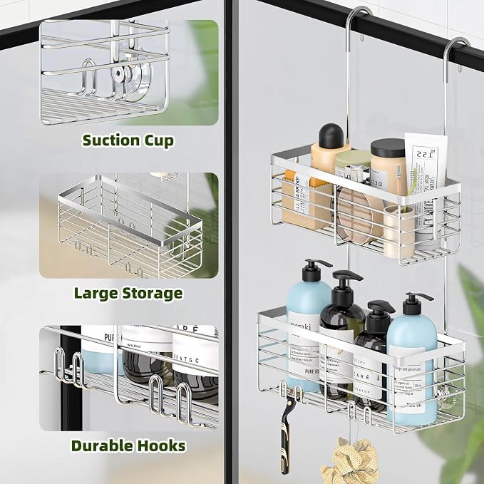 YUOROS 2 Tier Shower Caddy Hanging Over the Door (Silver) | Shower Organizer Rack 304 Stainless Steel Rustproof Bathroom Storage Shampoo Holder Basket