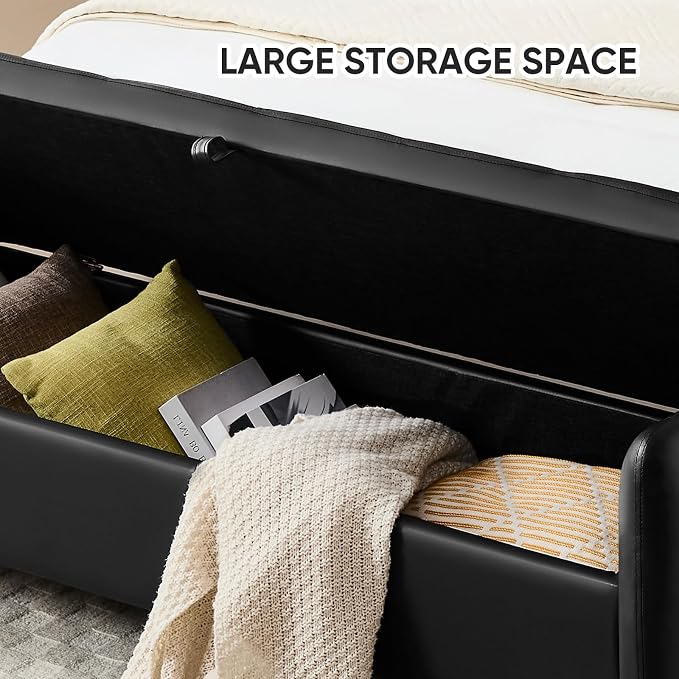 65" End of Bed Storage Bench, Modern Storage Benches for Foot of Bed with Tufted Button and Gold Legs, Upholstered Faux Leather Window Ottoman Benches with Armrests, Black