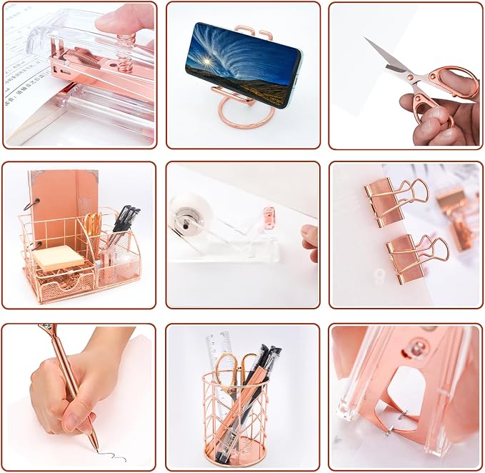 Rose Gold Desk Organizers and Accessories,Office Supplies Set,13PS Set with Acrylic Stapler,Tape Dispenser,Staple Remover,Pen Holder,Clips,Scissor, Phone Holder,Pen