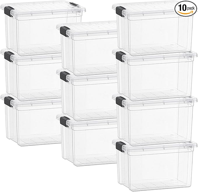 Superio Clear Storage Box with Lid, 26 Quart Plastic Container Bins for Organizing, Stackable Crates, BPA Free, Non Toxic, Odor Free, Organizers for Home, Office, School, and Dorm, 10 Pack