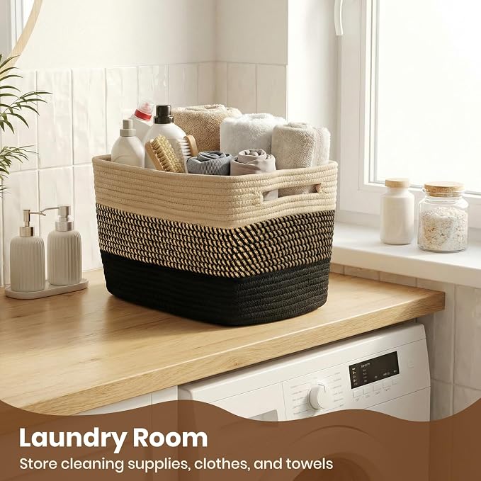 Storage Baskets for Organizing, 14 x 10 x 9” Closet Shelf Woven Baskets, Square Bins with Handles, Cotton Rope Basket for Clothes, Office, Room, Black+Brown 1Pack