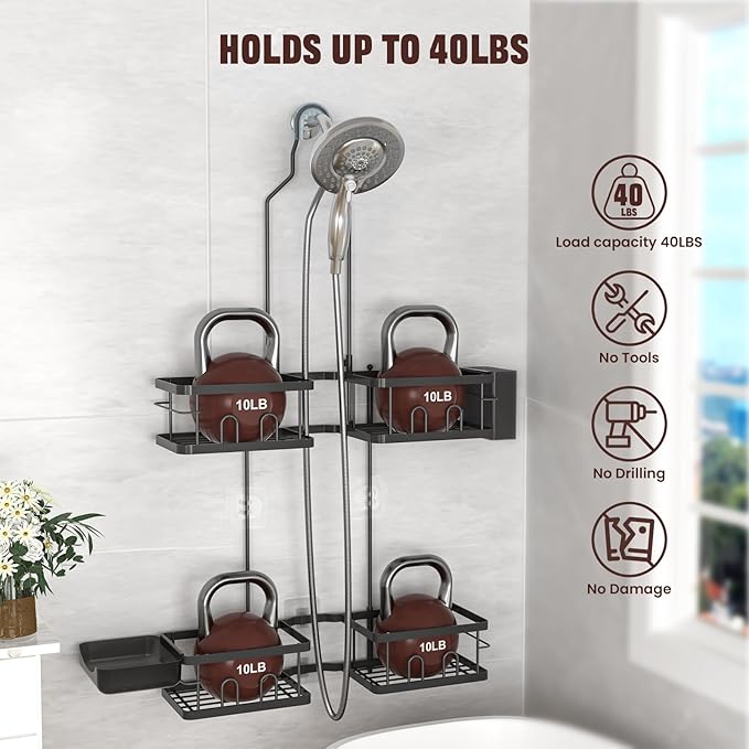 REINHARDT Adjustable Shower Caddy Hanging for Handheld Showerheads, Black | Patented Shower Organizer, Rustproof, 40lbs Capacity, Anti-Swing, Tool-Free, Suction Cups, 8 Hooks, Soap & Toothbrush Holder