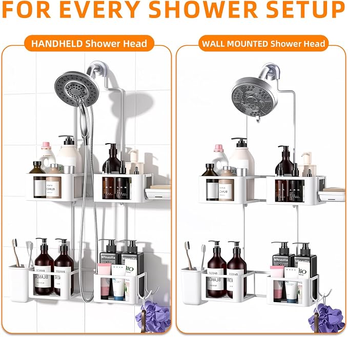 Epicano Shower Caddy for Handheld Showerheads,Stainless Steel, White | Removable Hooks,Soap Holder & Toothbrush Holder, Rustproof, Anti-Swing, Holds Razor, Sponge, Soap, Toothbrush
