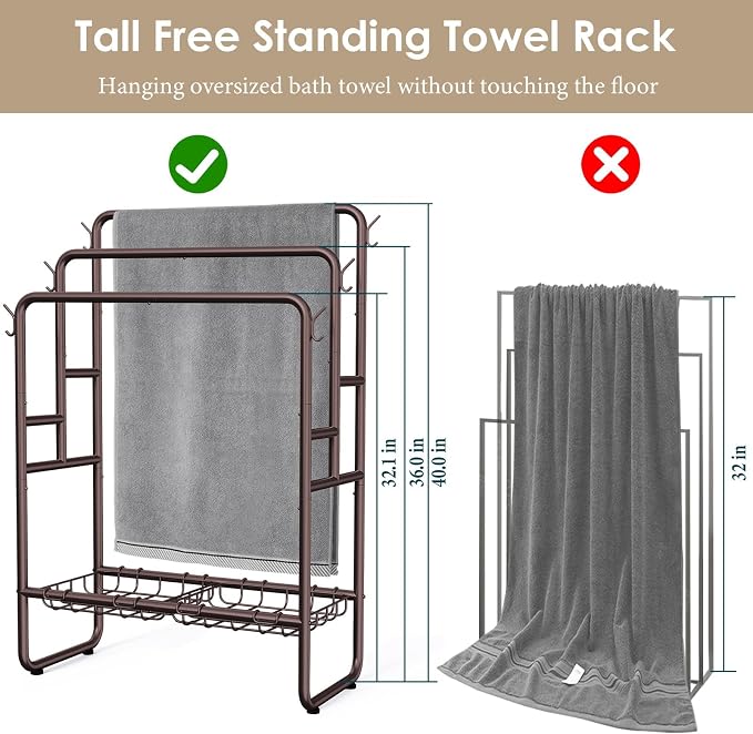 Kayfia 40'' Freestanding 3 Tier Metal Towel Rack, 2 Baskets & 6 Hooks | Dual-Use Drying & Display Rack, Holds Oversized Bath Towels & Blankets, fits Indoor, Bathroom, Bedroom & Outdoor, Bronze
