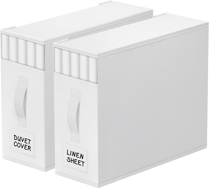StorageTastic 2 Pack Bed Sheet Closet Organizers and Storage,Sturdy Foldable Storage Containers with Window and Label,Storage and Organization for Bedding Sheets,Duvet Covers,Blankets (White)