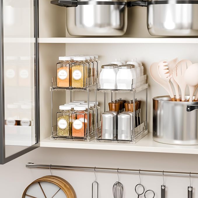 4 Pack 2 Tier Vertical Spice Rack Pull Out,10.4'' Deep Narrow Slide Out Spice Rack Organizer for Inside Cabinets,Kitchen,Pantry,Cupboard Seasoning,Can,Jar Organizer and Medicine Cabinet Storage