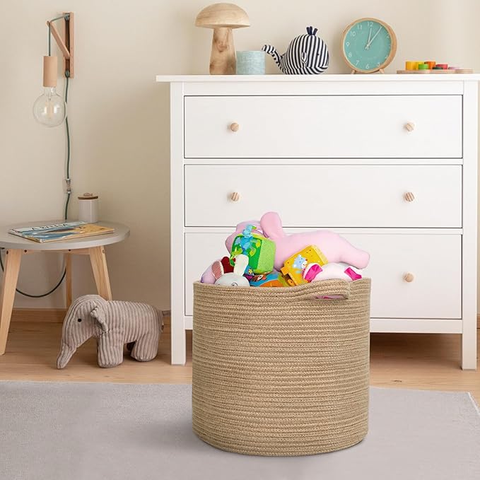 MEGASKET Large Wicker Storage Basket, 16" x 14" Jute Woven Basket with Handle, Living Room Blanket Storage, Big Wicker Laundry Basket, Kids Toy Bin Box Organizer, Decorative Round Baskets for Decor