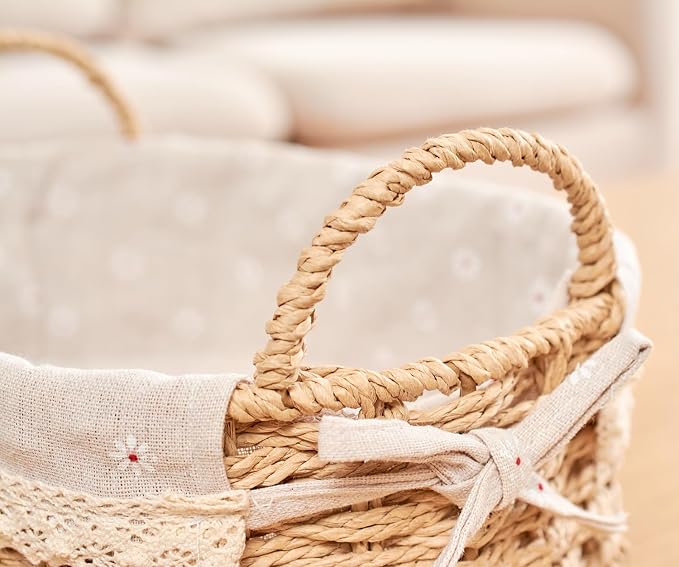 GIB Small Wicker Storage Baskets for Organizing, Decorative Woven Baskets with Handles & Liners, Boho Paper Rope Cute Baskets for Gifts, Decor, Pantry Table, Serving Trays, Set of 2