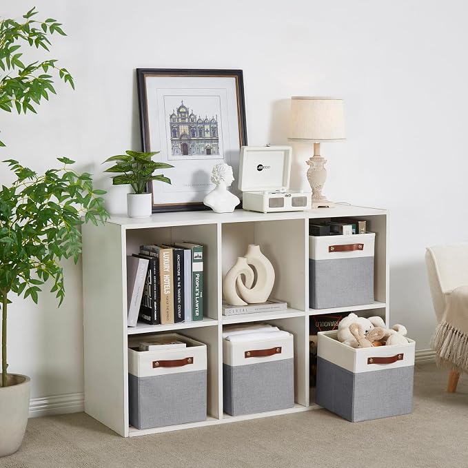 Bagnizer Collapsible Fabric Storage Cube Bins with 2 Reinforced PU Handles, Foldable Storage Organizer Baskets for Closet, Shelves, Living Room | 11"x11"x11", 4 Pack, Gray & White