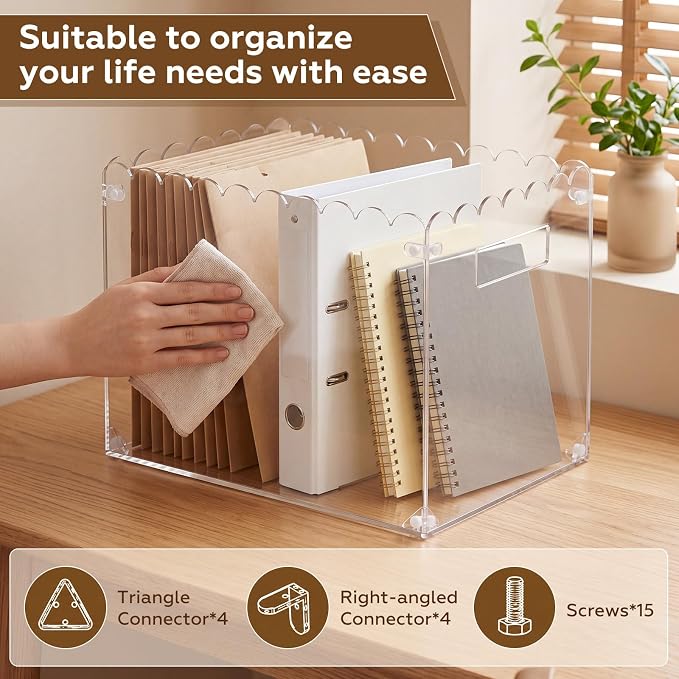 Clear Acrylic File Organizer Box with Scalloped Edge Design ＆ Handles, Large Capacity Hanging File Box for Letter/a4 Size Documents, Folders, Magazines, Home Office Decor, 13.7x10x10 in