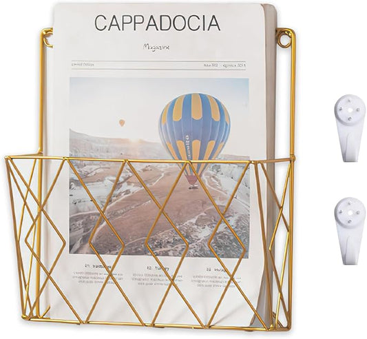 Wall-Mounted File Organizer, Metal Wall File Holder, Magazine Rack, Space-Saving Design, Ideal for Home Office, Workspace, and Study Room Organization (Gold)