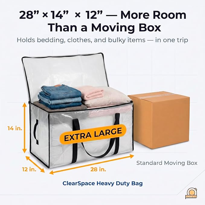 ClearSpace Oversized Moving Bags or Storage Bag – Large Moving Boxes with Backpack Straps, Zippers & Handles – Heavy-Duty Packing Bags for Moving, College Dorm, Christmas Decorations, 6 Pack