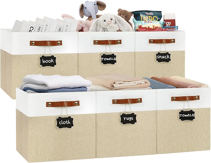 Patvingot 13-Inch Linen Storage Cubes with Labels and PU Handles,4 Pack | Roomy storage for blankets, sweaters and towels, reinforced bottom, contents stay easy to identify, folds flat when empty