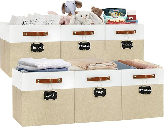 Patvingot 13-Inch Linen Storage Cubes with Labels and PU Handles,4 Pack | Roomy storage for blankets, sweaters and towels, reinforced bottom, contents stay easy to identify, folds flat when empty