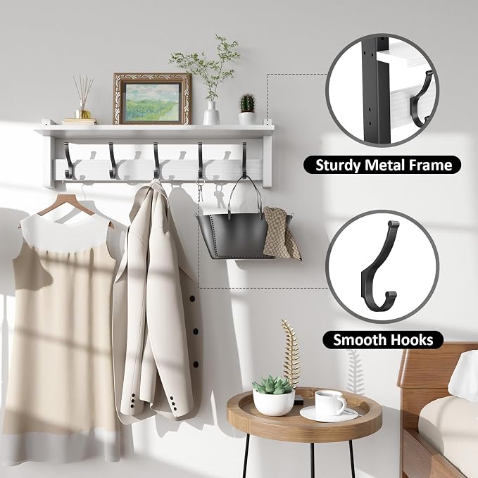 Optish Coat Rack Wall Mount with Shelf, 24 Inch Coat Hanger Walls Mounted, Hat Rack for Walls, Shelf with 5 Coat Hooks, Wall Hanger for Entryway (White)