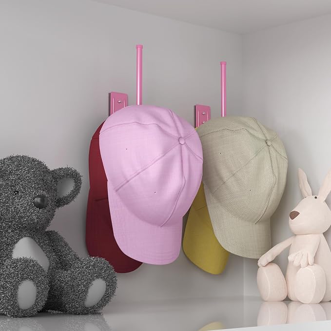 Durmmur Stainless Steel Hat Organizer, Hat Rack for Wall,Each Holds 15 Hats | 2P Strong Adhesive/Wall Drilled Hat Holder, Hat Hooks, Hat Hanger Baseball Cap Organizer for Door,Bedroom,Closet(Pink 6 in)