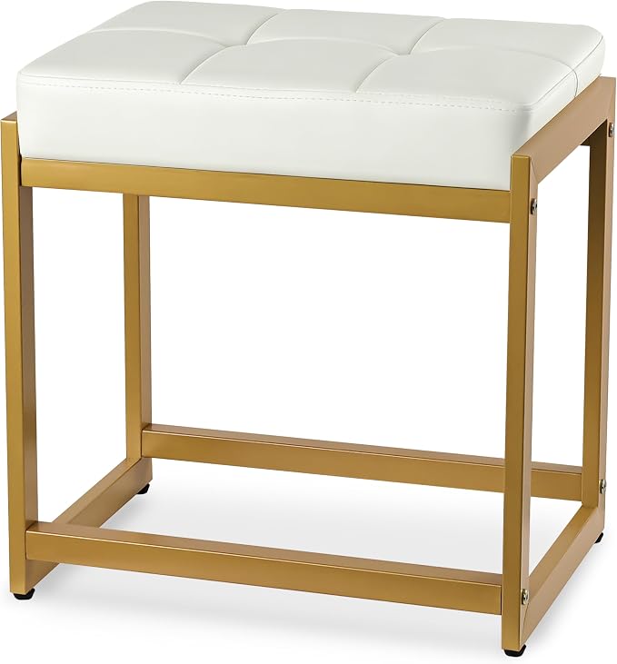 Vanity Stool, Vanity Chair Stools with Reinforced Metal Legs, Faux Leather Upholstered Ottoman Bench for Bedroom, Living Room, Small Modern Makeup Chairs for Dressing Table, White&Gold