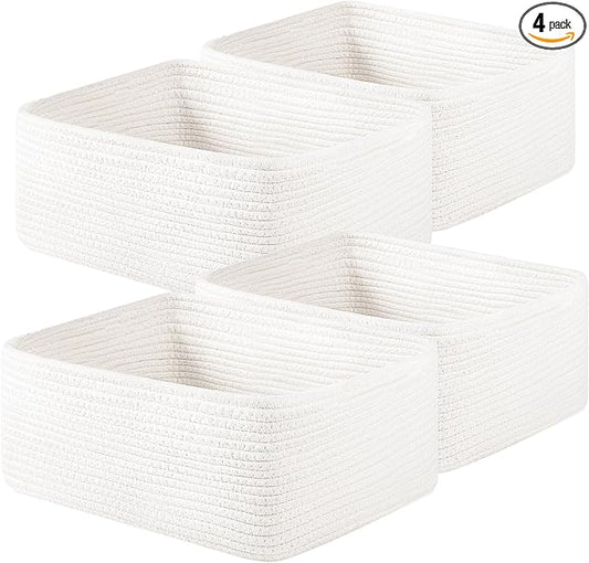 OIAHOMY 4 Pack 14.17 * 11.02 * 6.3IN Storage Baskets for Organizing Shelves, Woven Rope Baskets for Organizing Books, Clothes, Decorative Basket for Living Room, Nursery, Bedroom, Gift Basket, White